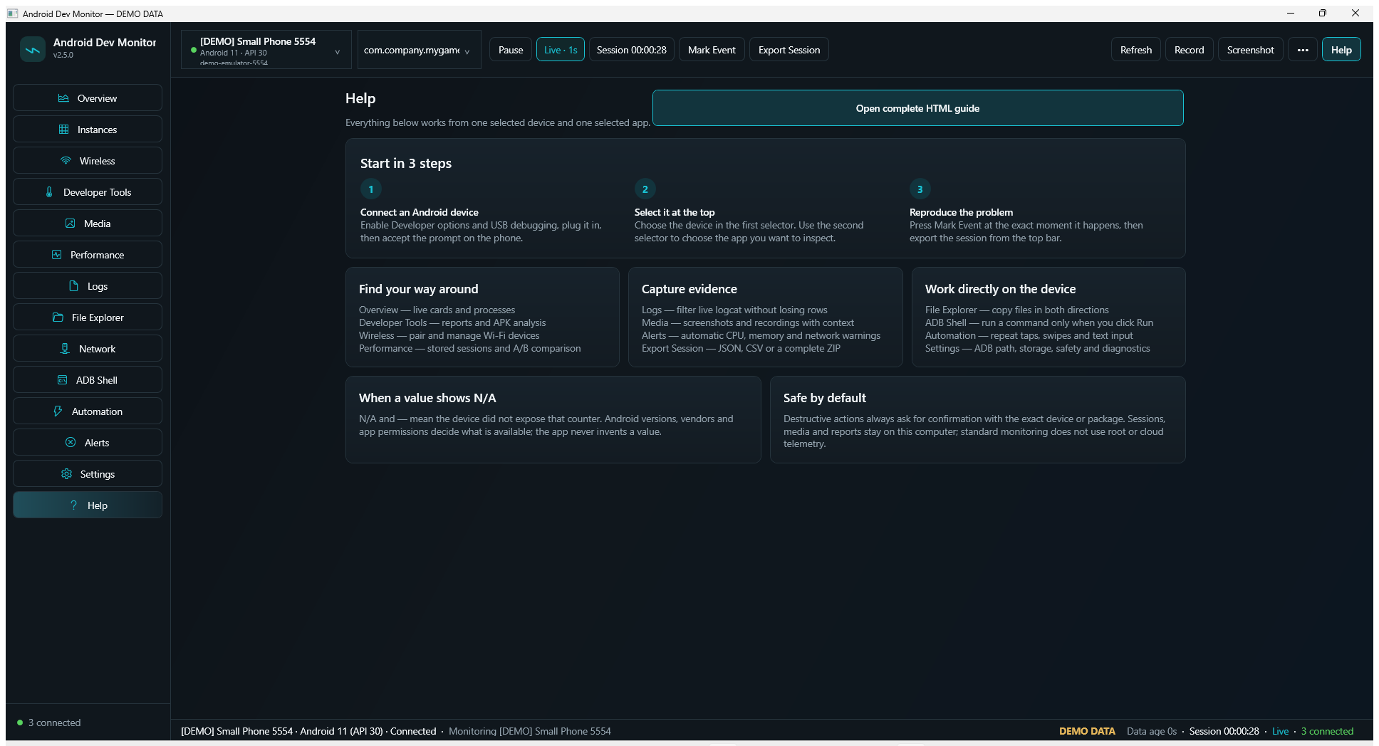 In-app help center linking to the full HTML guide