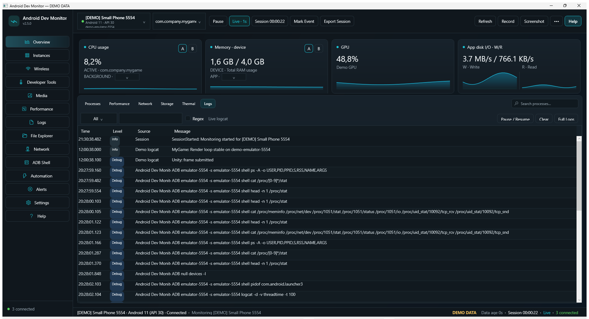 Logs workspace with crash filters and the dark theme